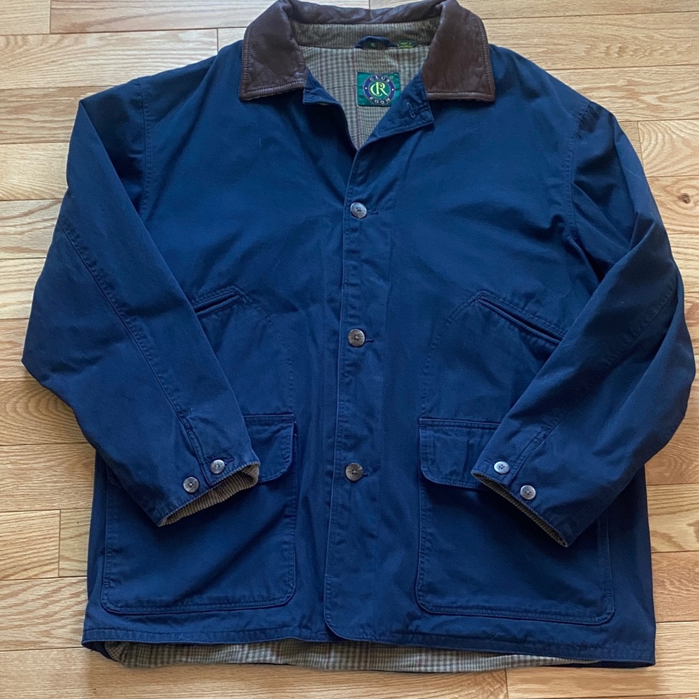 Club Room Navy  Barn Jacket with Brown Leather collar